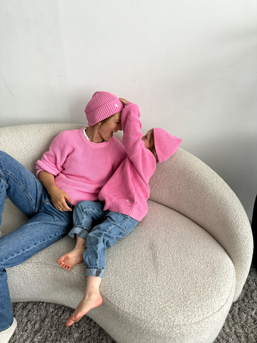 Partnerlook Mutter Kind Beanies in pink und pinke Pullover